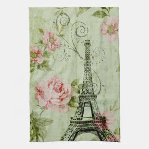 spring mint pink floral french paris eiffel tower tea towel