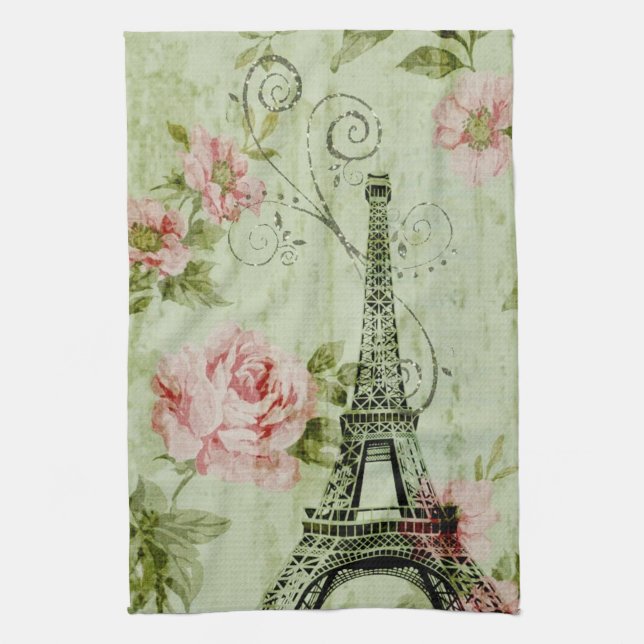 spring mint pink floral french paris eiffel tower tea towel (Vertical)