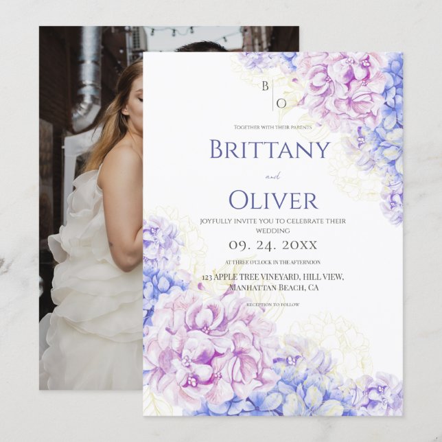 Spring Modern Lilac & Blue Floral Wedding Invitation (Front/Back)