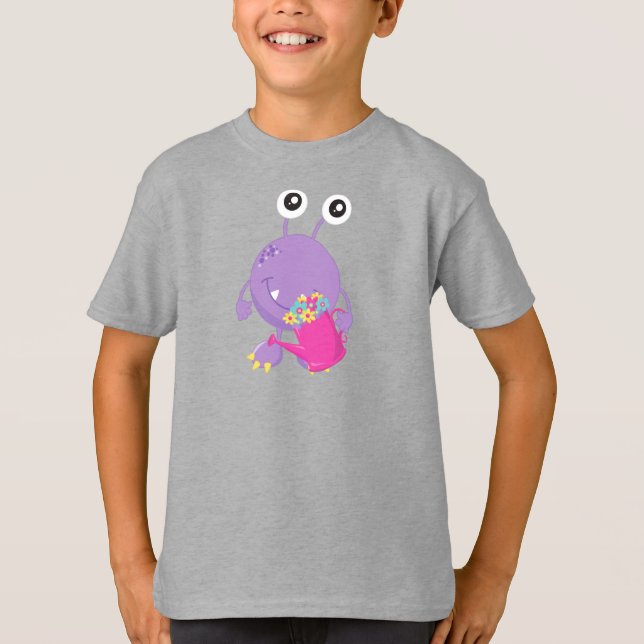 Spring Monster, Colourful Flowers, Purple Monster T-Shirt (Front)