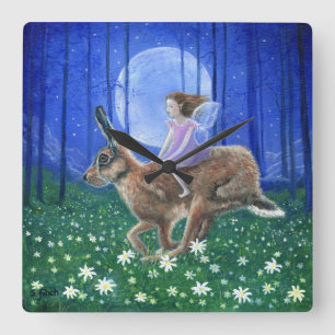 Spring Moon Hare Fairy Square Wall Clock