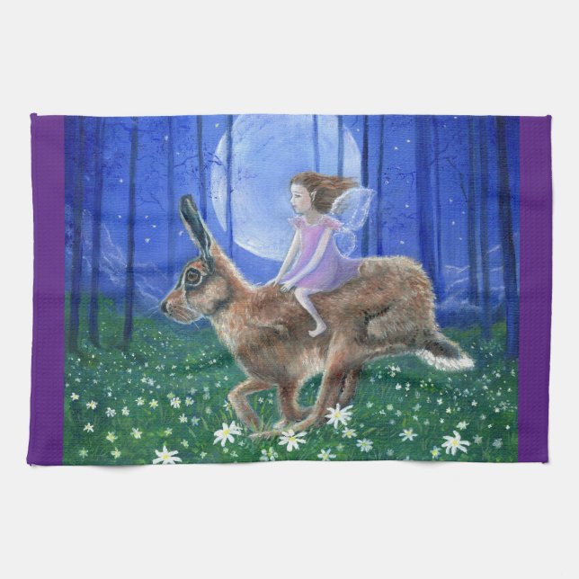 Spring Moon Hare Fairy Tea Towel (Horizontal)