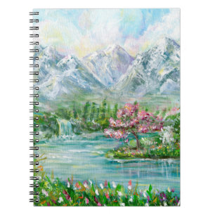 Spring mountain landscape. Original acrylic hand p Notebook