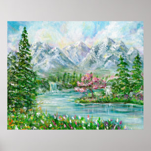 Spring mountain landscape. Original acrylic hand p Poster