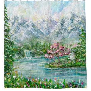 Spring mountain landscape. Original acrylic hand p Shower Curtain