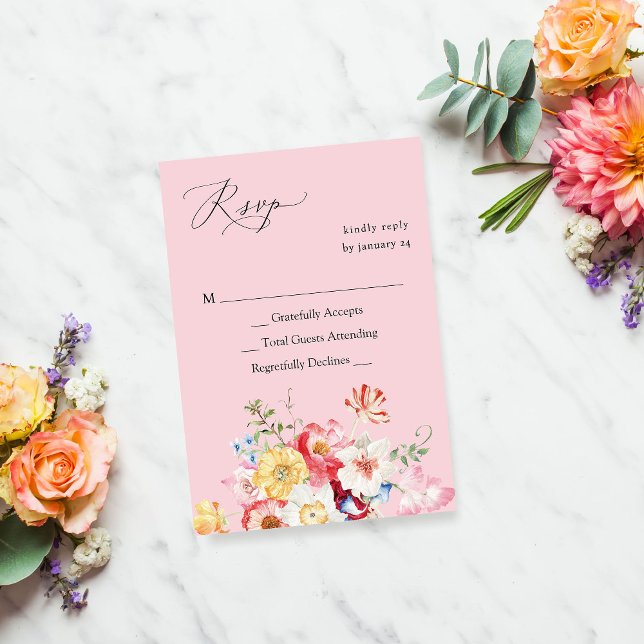 Spring Multi Colour Florals no Meal RSVP - Pink Card (Creator Uploaded)