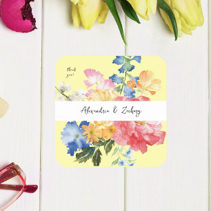 Spring Multi Colour Florals Thank You - Yellow Square Sticker