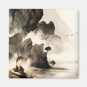 Spring Mystic Fox Misty Mountain Minimalist Zen Magnet