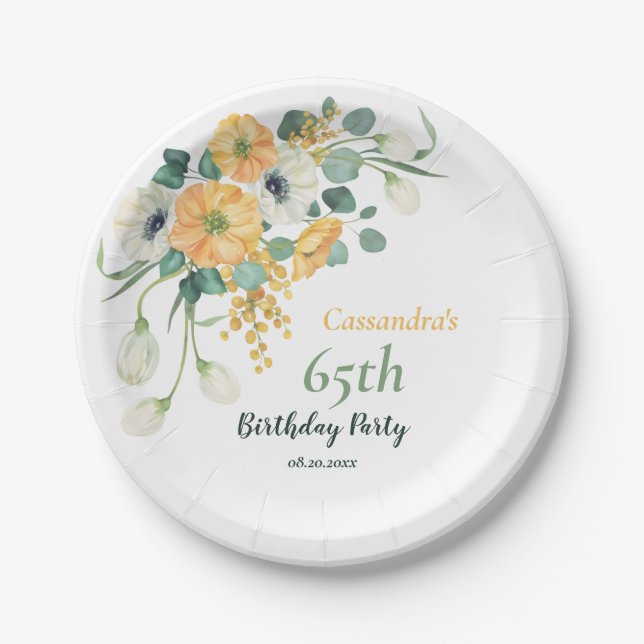 Spring Orange & White Anemone Botanical Birthday  Paper Plate (Front)
