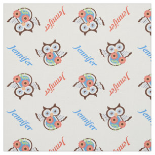Spring owl, flowers and name personalised fabric
