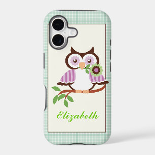 Spring owl, mint green plaid border iPhone