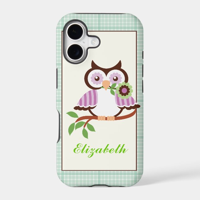 Spring owl, mint green plaid border iPhone (Back)