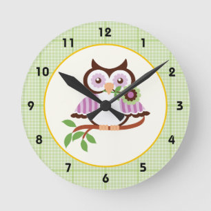 Spring owl with green plaid border wall clock