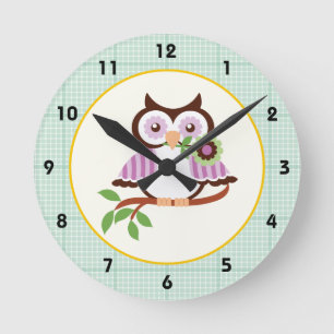 Spring owl with mint green plaid border wall clock