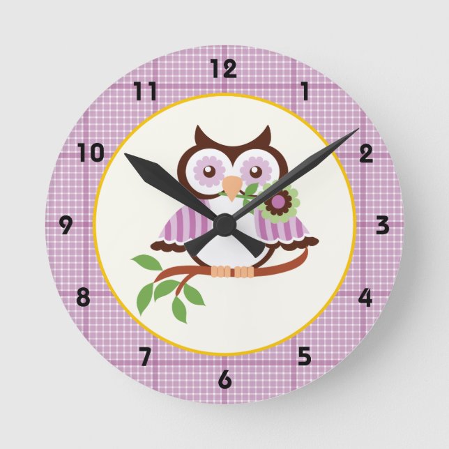 Spring owl with purple plaid border wall clock (Front)
