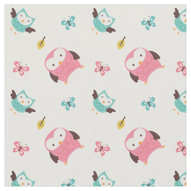 Spring Owls and Butterflies Fabric (Close Up)