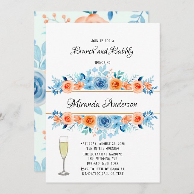 Spring Paint Blue Orange Florals Brunch and Bubbly Invitation (Front/Back)