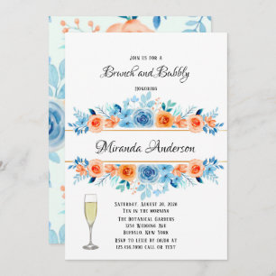 Spring Paint Blue Orange Florals Brunch and Bubbly Invitation