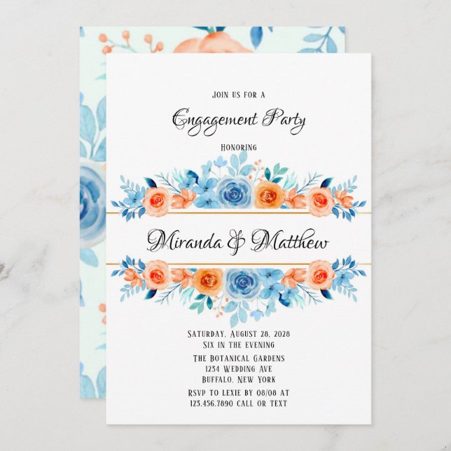 Spring Paint Blue Orange Florals Engagement Party Invitation (Front/Back)