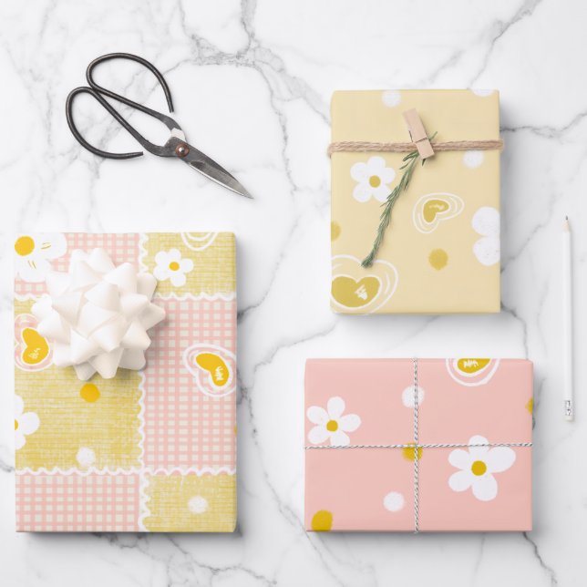 Spring Pastel Floral & Hearts Wrapping Paper Sheet (Front)