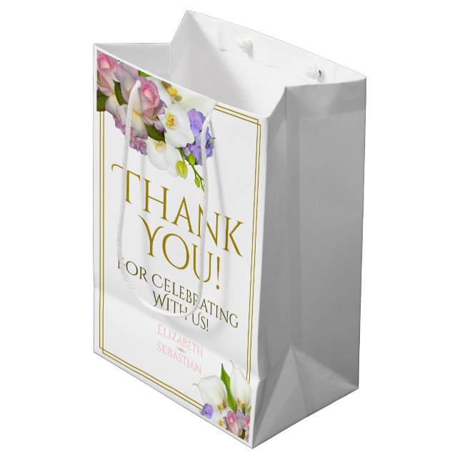 Spring Pastel Floral Wedding Pink & Gold Medium Gift Bag (Front Angled)