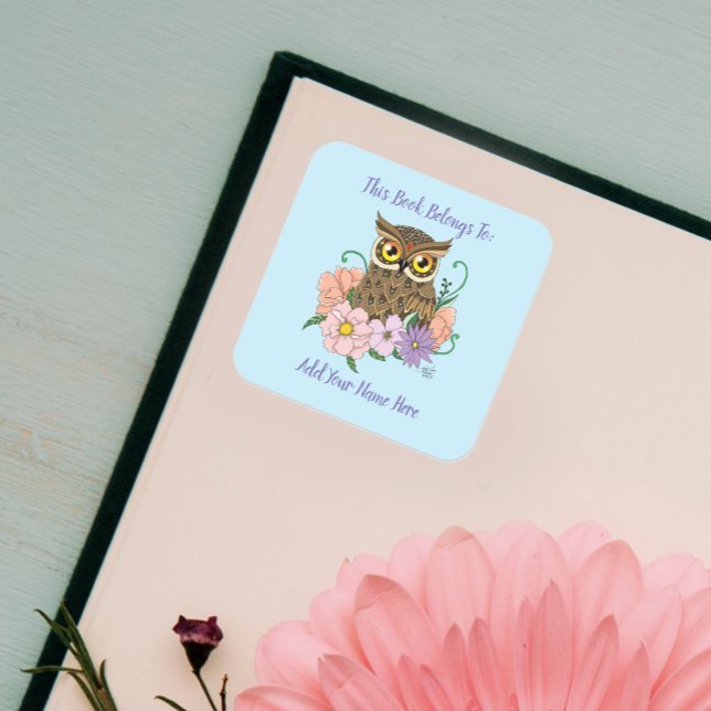 Spring Pastel Flowers Owl Bookplate Square Sticker (Creator Uploaded)