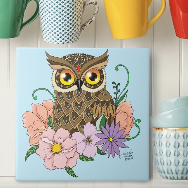 Spring Pastel Flowers Owl Ceramic Tile (Creator Uploaded)