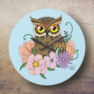 Spring Pastel Flowers Owl Large Clock