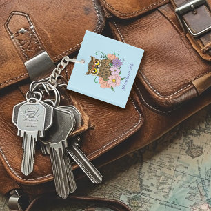 Spring Pastel Flowers Owl QR code Key Ring
