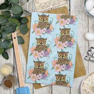 Spring Pastel Flowers Owl Tea Towel