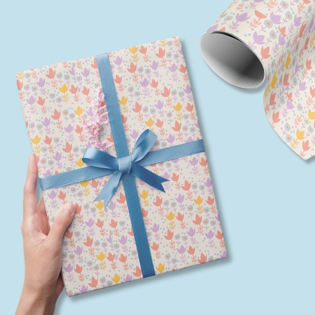 Spring Pastel Flowers Pink Purple Yellow Cream Wrapping Paper (Pastel floral wrapping paper is perfect for spring holidays like Easter and Mother's Day.)
