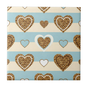 Spring Pastel Heart Stripe with Gold Accents Ceramic Tile