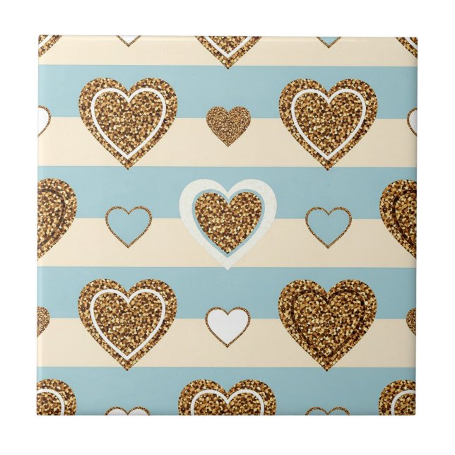 Spring Pastel Heart Stripe with Gold Accents Ceramic Tile (Front)