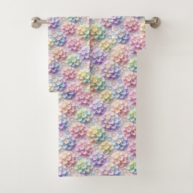 Spring Pastel Hydrangeas and Diamonds Towel Set (Insitu)