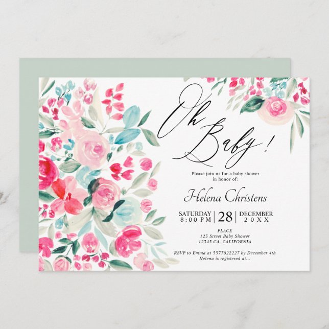 Spring pastel pink floral watercolor baby shower invitation (Front/Back)