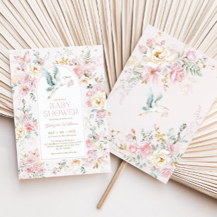 Spring Pastel Pink Stork Wildflower Baby Shower Invitation