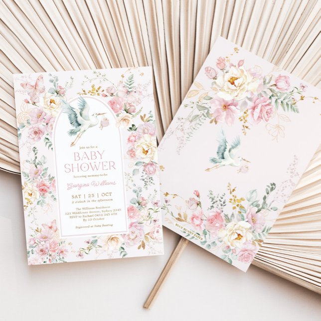 Spring Pastel Pink Stork Wildflower Baby Shower Invitation (Creator Uploaded)