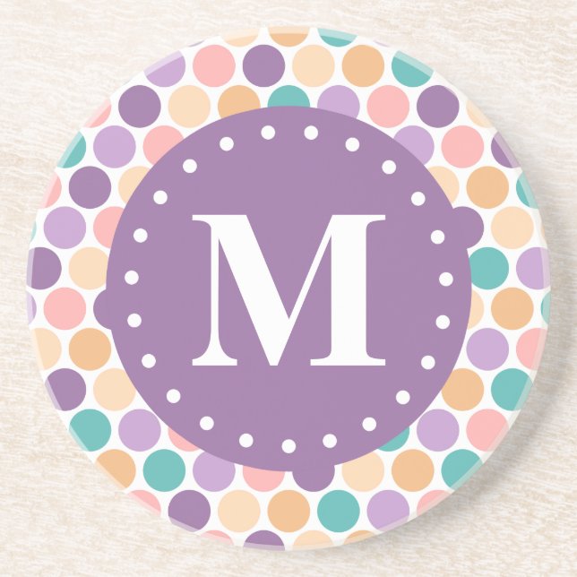 Spring Pastel Polka Dots Pattern with Monogram Coaster (Front)