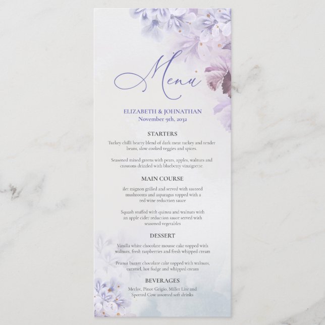Spring pastel purple blue pink mauve floral menu (Front)