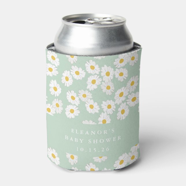 Spring Pastel Sage Daisies Custom Baby Shower Can Cooler (Can Front)