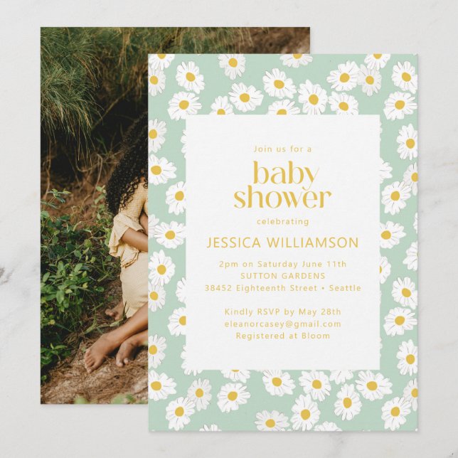 Spring Pastel Sage Green Daisies Baby Shower Photo Invitation (Front/Back)