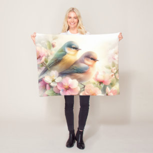 Spring Pastel Sweet Love Birds Blossoms Flowers Fleece Blanket