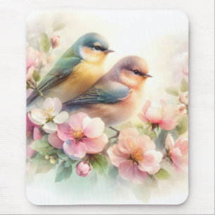 Spring Pastel Sweet Love Birds Blossoms Flowers Mouse Pad
