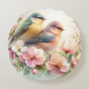 Spring Pastel Sweet Love Birds Blossoms Flowers Round Cushion