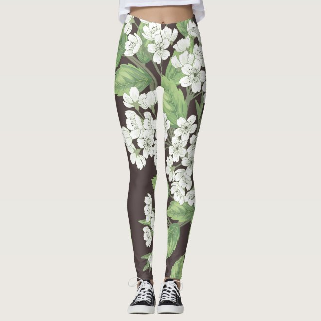 Spring pattern, green branches seamless. leggings (Front)