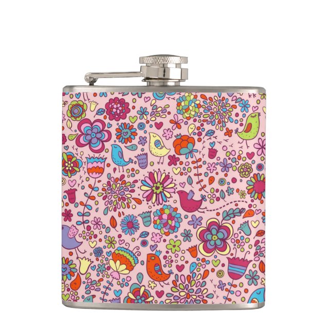 Spring pattern with colourful flowers hip flask (Front)