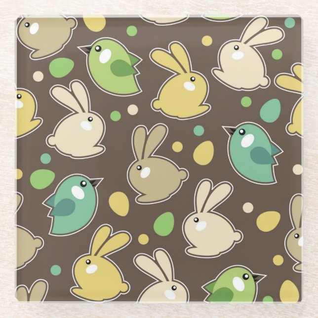 spring pattern with easter eggs,birds glass coaster (Front)