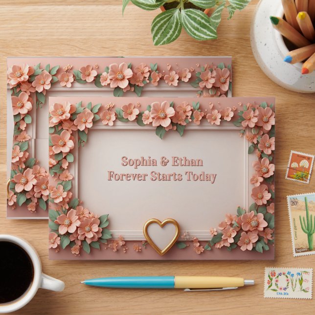 💐 Spring Peach Floral Gold Wedding Decor 🌷 Envelope (Desk)