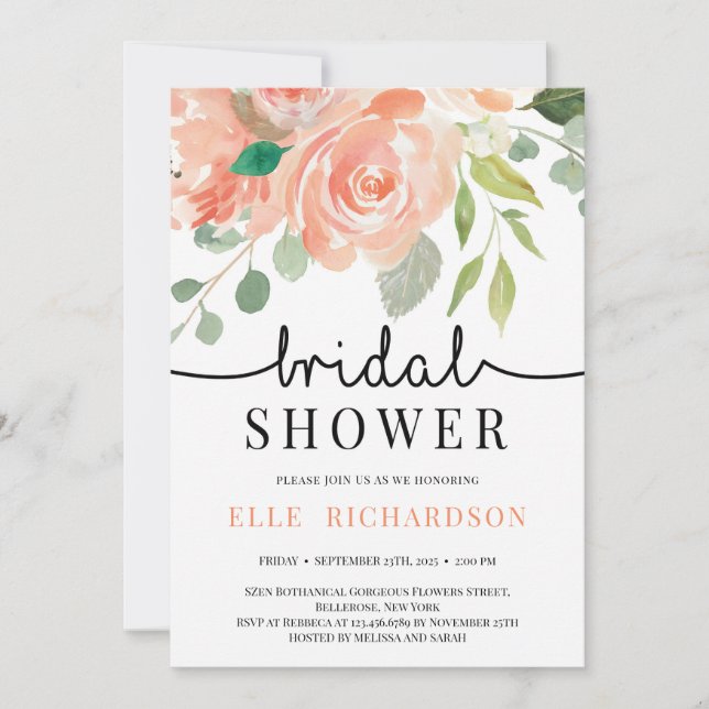 Spring peach floral handwritten bridal shower invitation (Front)