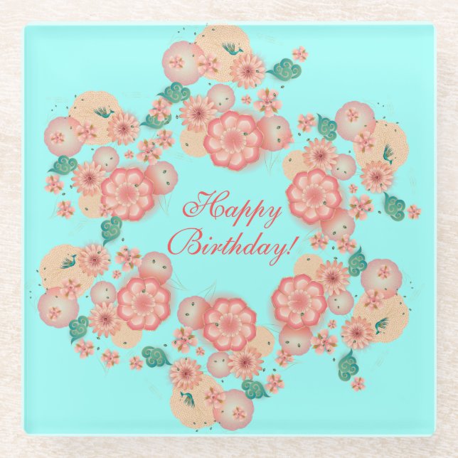Spring Peach Flowers Garden Floral Decoration Boho Glass Coaster (Front)
